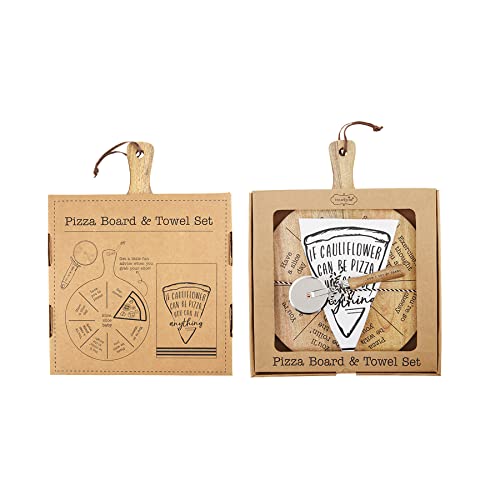 Mud Pie Box Pizza Board Set, Board 18.25" X 14.24" | Cutter 4.5" | Towel 26" X 16.5" #TOP3