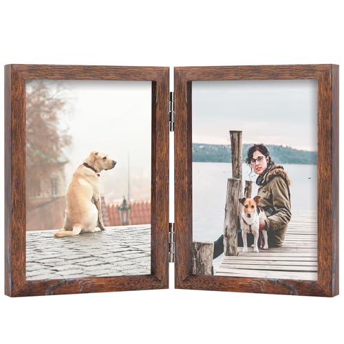 FOREV 3.5x5 Double Picture Frame Rustic Wood Wooden Hinged Photo Frame