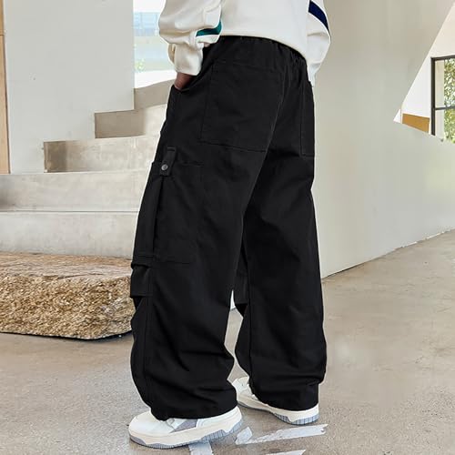 Black Cargo Trousers for Kids Boys - Oversized Wide Leg Casual Pants,Solid Elastic Waist Baggy Sweatpants,Travel Camping Hiking Outdoor Joggers,Tactical Combat Trousers 14-15 Years - Image 6