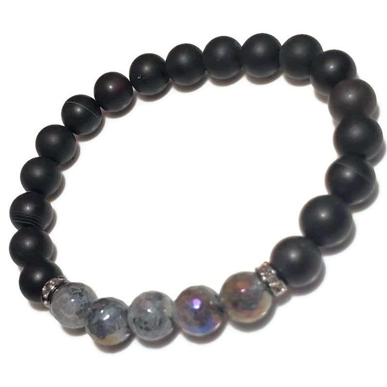Bracelet homme femme labradorite onyx noir perles 8mm élastique porte-bonheur