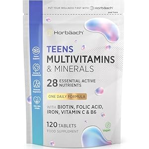 Teen Multivitamin | 120 Vegan Tablets | One-a-Day Formula | 28 Nutrients with Biotin, Folic Acid, Iron, Vitamin C & B6 | Multivitamin Support for Teenage Boys & Girls | by Horbaach