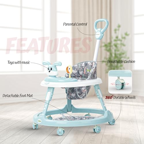 Image of Baybee Bunny Pro 2-in-1 Baby Walker for Kids with Push Handle, 2-Level Height Adjustment, Mat & Musical Toy Bar | Activity Push Walker for Babies 6-18 Months (Blue)