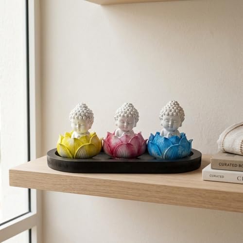 Image of eCraftIndia Set of 3 White Lord Buddha Idols in Lotus Base | Buddha Statues for Car Dashboard Office Home Decor | Gift for Diwali Housewarming Birthday