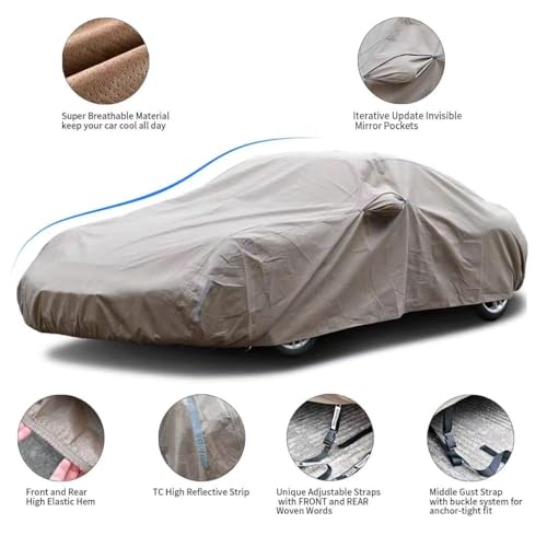 Image of Tecoom Car Cover Waterproof All Weather, Non-Woven Breathable Outdoor Full Exterior Covers for Automobiles w /Zipper Pockets, Sun Uv Wind Protection Universal Fit Mercedes Chevrolet (183-192 Inch)