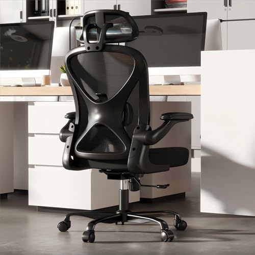 Image of Ergonomic Office Chair with Adjustable Lumbar Support and Headrest, 300 lbs Swivel Desk Chair with Flip-Up Arms, Mesh Comfy Padded Seat for Computer and Home, Black