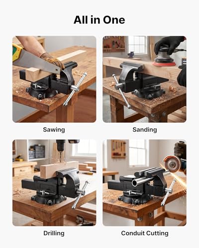 Image of VEVOR Heavy Duty Bench Vise, 10 inch Jaw Width, Multi-Purpose Ductile Iron Bench Vise with Anvil and 360-Degree Locking Swivel Base, 4.3 inch Throat Depth, 10 inch Max Jaw Opening, for Drilling, Pipe Cutting
