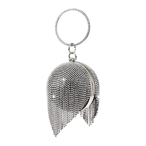 GUOZI Womens Round Ball Bag Crystal Evening Clutch Purse with Tassel, Glitter Rhinestones Handbag for Wedding Party, Black Cover