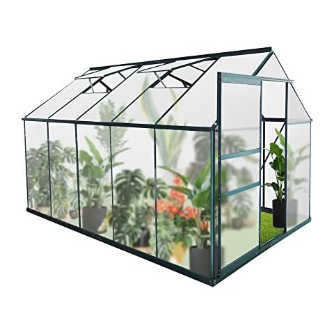 Vilobos 6'X 10' Walk-in Greenhouse, Polycarbonate Greenhouse with Sliding Door, 2 Vent Window, Rain Gutter for Outdoor, Aluminum Heavy Duty Greenhouse Kit for Backyard Use in Winter , All Season Cover