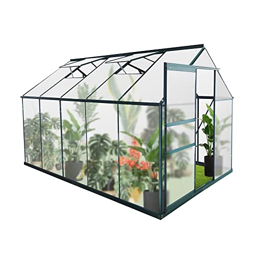 6X 10 Walk in Greenhouse Polycarbonate Greenhouse with Sliding Door 2 Vent Window Rain Gutter for Outdoor Aluminum Heavy Duty Greenhouse Kit for Backyard Use in Winter All Season