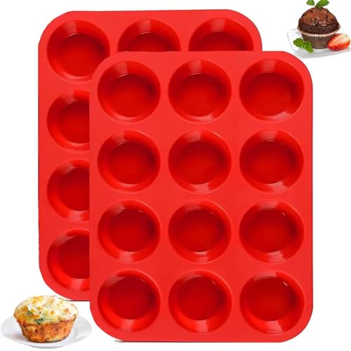 BREEZO 2 PCS 12-Cavity Silicone Muffin Trays, Non-Stick Muffin Moulds Muffin Cupcake Tin for Making Muffin Cakes Pudding Bread Chocolate Cupcakes Bakeware