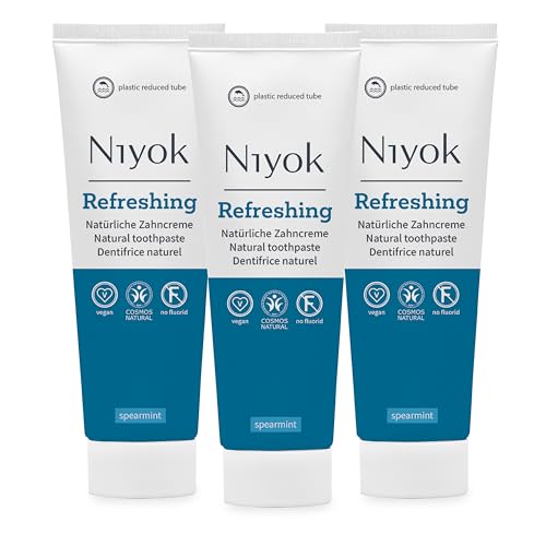 Niyok® Pasta de dientes 'Spearmint' Refresshing (3 x 75 ml) • Pasta de dientes remineralizante para dientes sanos • Cuidado natural suave y frescura • Tubo reducido de plástico • Sin flúor ni vegano