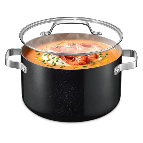 Bakken 8.5 Quart Ceramic Coated Stock Pot with Lid, Easy Clean Nonstick Pot, Tempered Glass Lid, Riveted Stainless Steel Handles, Oven Safe Up To 500°F, PTFE & PFAS Free, All Stove Compatible, Black