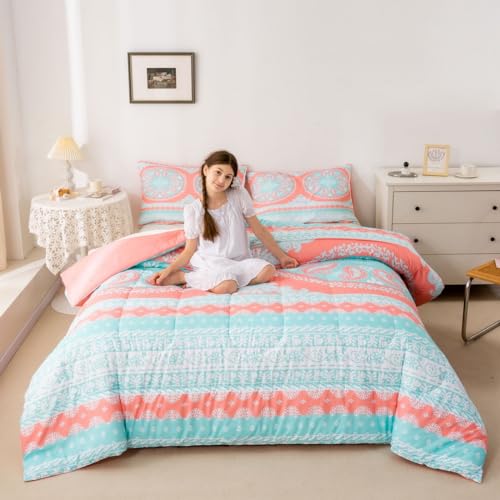 Feelyou Boho Mandala Comforter Set Queen Size Bohemian Medallion Bedding Set For Kids Teens Women Girls Hippie Paisley Comforter Quilt Breathable Coral Aqua Exotic Floral Duvet Set Navy Blue Decor Quilt Bed thumb #1