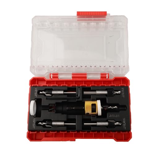 Juego de 5 brocas avellanadoras con tope ajustable, borde de corte de carburo, ranura en espiral para corte rápido, adecuado para madera, aglomerado, MDF, plástico, incluye cuello de bola de plástico