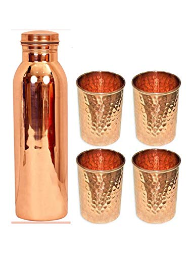 Bizzabo Creation One Pure Copper Mirror Finish Plain Copper Bottle and Four Hammered Copper Glasses