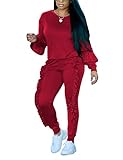 Akmipoem Ruff Long Sleeve Crewneck Sweatshirt Top and Side Ruffle Joggers Pants Sweatsuit Set For Women Red L