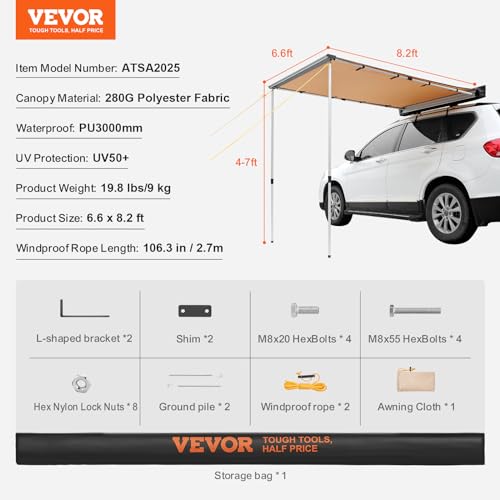 Vevor 6.6X8.2 FT CAR SIDE AWNING Vehicle Awning 6.6'X8.2' Roof Rack Pull-Out Sun Shade Uv50+ Pu3000Mm, Retractable Weatherproof 4X4 Side Awning For Suv Outdoor Camping & Overland thumb #6