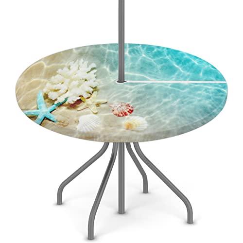 Outdoor Tablecloth Starfish Seashell Round Fitted Table Cover with Zipper and Umbrella Hole, Waterproof Elastic Edged Table Cover for Party, Picnic and Patio, Fits Tables up to 45