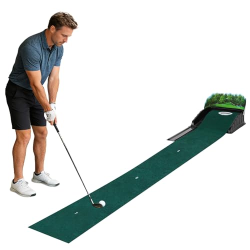 wkao Indoor Putting Green with Auto Ball Return, 102 in Golf Putting Mat, Distance Markers, Synthetic Fiber, Portable Home Office Trainer