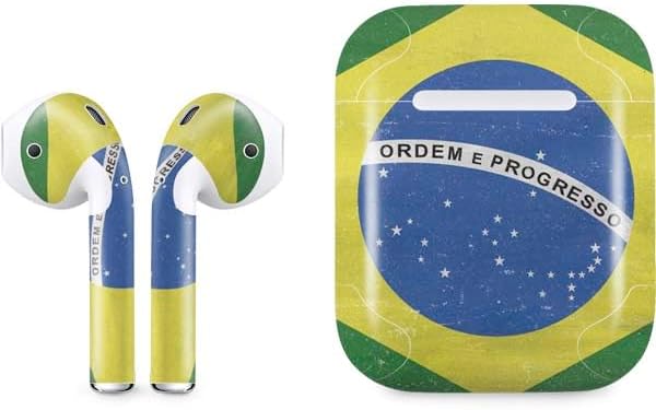Skinit Decal Audio Skin Compatible with Apple AirPods - Brazil Flag Distressed Design