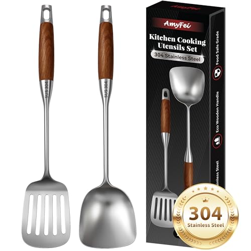 2Pcs Cooking Utensils Set,304 Stainless Steel Wok Spatula,kitchen utensils with Wooden Handle,Wok Tools Professional Set, Non-Stick and Heat Resistant