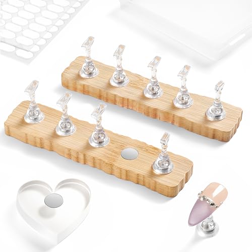 ESUOHYM Nail Stand for Press On Nails Art Display Practice 2 Sets 1 Heart Acrylic Magnetic Nail Stands Fake Nail Holder Tips With 200 PCS Double-Sided Tape Nail Kit Home DIY Supplies Accessories