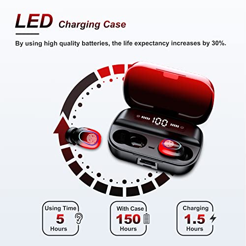 Bluetooth Earbuds Wireless Ear Buds Touch Control Wireless Earphones With Hifi Stereo Audio, Noise Reduction, Ipx7 Waterproof Headphones, Led Charging Case, Built-In Mic For Sport/Work/Travel Red #TOP3