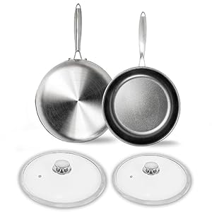 2 Pack Nonstick Frying Pan Set with Lid, 10 inch & 12 inch Non Stick Stainless Steel Skillet with Handle – PFOA Free, Oven Safe Non-stick Teflon Coating Induction Cooking Cookware, 10″ & 12″