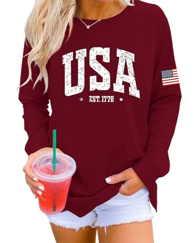 Image of Dressmine Womens USA Shirt Casual Long Sleeve Graphic Tees Knit Crew Neck Sweatshirts Loose Pullover