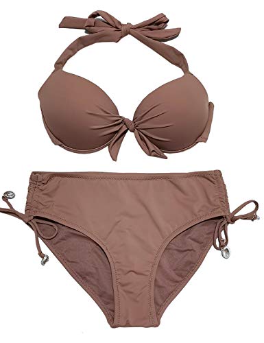 EONAR Damen Swimsuit Abnehmbar Bademode Neckholder Badeanzug Push up Bikini Oberteil Mit High Waist Bikini Bottom Sport Zweiteilige Bikini Set(S,Khaki)