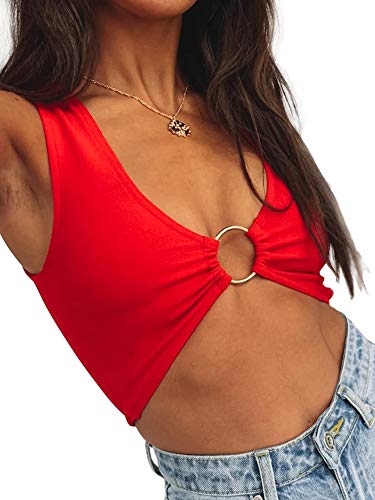 Crop Tops for Women Plunging Neckline Crop Top with Golden Ring Centrepiece (S, Red)