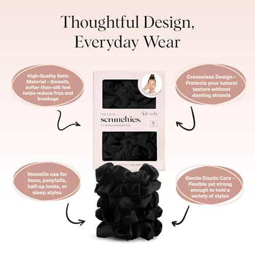 kitsch satin scrunchies for women  no crease hair ties  soft satin hair scrunchies for girls  frizz free gentle stylish hair accessories  ideal gifts for women  black 5 pcs