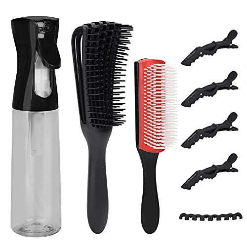 Hair Spray Bottle Set, WIOR Hair Styling Brush Set with Detangling Brush, 9-Row Cushion Bristle Brush, Continuous Mist Spray Bottles and Hair Clips, for Women Men Home & Salons Use (9PCS))