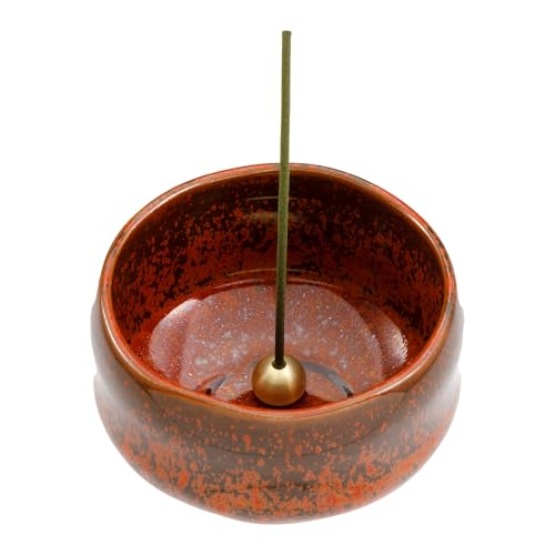 Asayu Japanese Incense Holder for Sticks 3.54 inch (90mm), Traditional Made in Japan Ceramic Ash Catcher and Brass Incense Burner Set - Orange Bowl