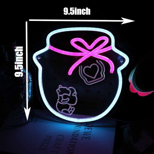 Image of Cute Honey Pot Neon Sign for Wall Decor, Icy Blue & Pink Dimmable LED Signs, 9.5 inch Acrylic USB 5V Light for Kitchen Decor, Bee Lover Gift, Baby Shower, Nursery Room Wall Art