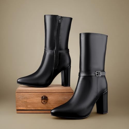 Image of Women's 3.5 Inch Block Heel Height, Classic Leather-Stylish Mid Calf (Half Boot) Buckle Boots