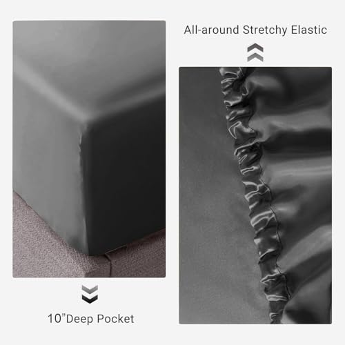 Image of Soft and Silk Satin Fitted Bedsheet for King Size 72X78 +12 in - Elastic Fitted Sheet 400 TC Hotel Collection for Bedroom | Fitted Sheet with Pillow Cover - Dark Grey, King Size