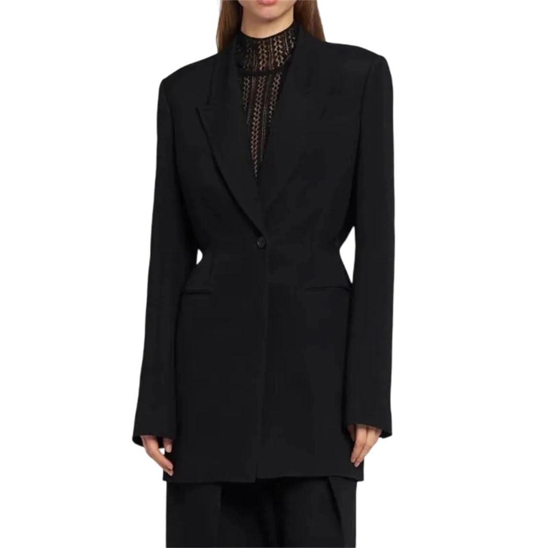 Women Black Single Button Slim Fit Mid Long Blazer Coat Office Single Button Blazer