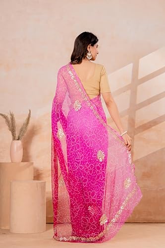 Image of Women's Ombre Net Saree with Gold Sequin Embellishments | Festive Saree for Women | Wedding, Reception and Evening Function Ethnic Wear | Pink