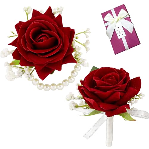 SITUMEIZI 2Pcs Red Rose Corsage and Boutonniere Set Corsage Wristlet Band Bracelet for Prom Decor and Boutonniere for Men Wedding Flowers Accessories Party Suit Ceremony Decoration with Gifts Box