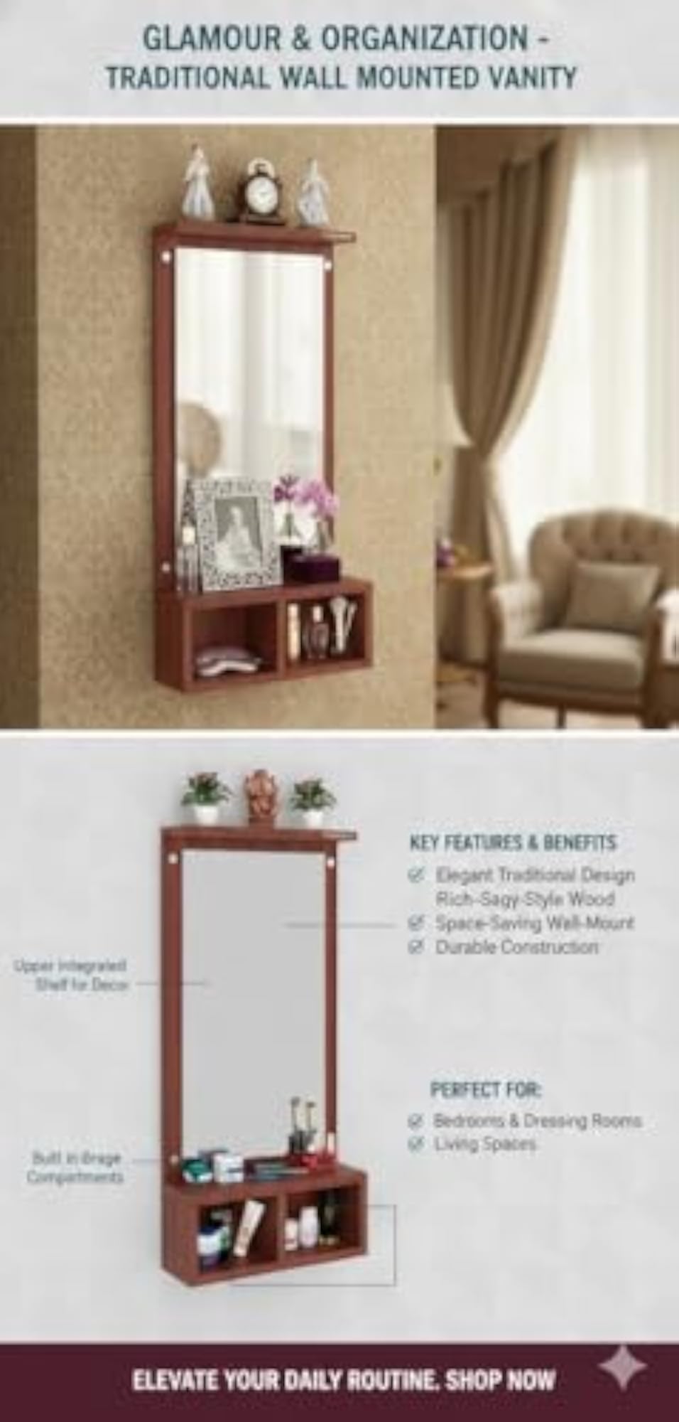 Engineered Wood Frameless Rectangular Wall Mounted Dressing Mirror