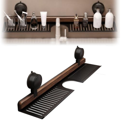 Étagère de salle de bain à ventouse en noyer robuste – Support de rangement amovible pour évier de cuisine et salle de bain (noir 50 cm)