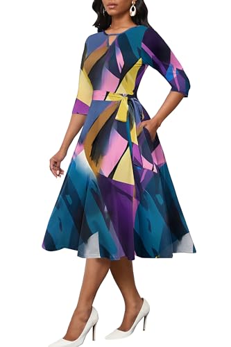 Image of CLOCOR Midi Dresses for Women Casual A-Line Fit and Flare Dress Crewneck 3 /4 Sleeve Keyhole Cocktail Party Church Dress