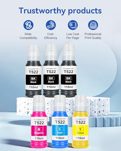 Image of 522 High Capacity Ink Refill Bottle (6-Bottles) Replacement for Epson 522 Ink Works with EcoTank ET-2800 ET-2400 ET-2720 ET-2803 ET-2840 ET-4700 ET-4800 ET-4810 660ml Total Black and Color Combo