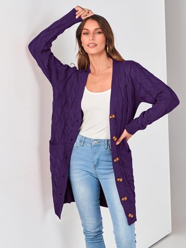 Image of PRETTYGARDEN Long Sleeve Cable Knit Long Cardigan for Women 2026 Spring Winter Chunky Open Front Button Sweaters with Pockets