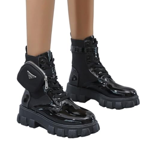 Women's Platform Block Lace Up Ankle Boots Fashion Round Closed Toe Low Heel Combat Short Boots With Pouch Pocket Punk Motorcycle Booties Fall Winter Shoes2