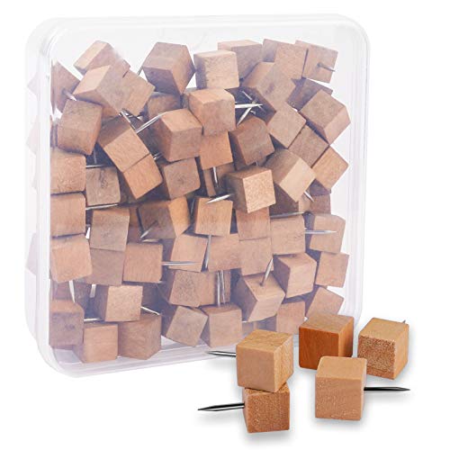 eZAKKA Wooden Push Pins,100 Pieces Wood Thumb Tacks Decorative for Bulletin Boards, Cork Boards, Foam Boards, Map Photos Calendar and Home Office Craft Projects with Box, Square