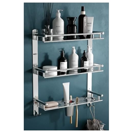 LivesUp Stainless Steel 3 Wall Mount Layer Multipurpose Use Shelf Organizer Bathroom Shelf&Rack With Double Soap Dish&Toothbrush Holder Soap Holder Bathroom Accessories(15 X 5 X 19 Inch,Step Shelf)