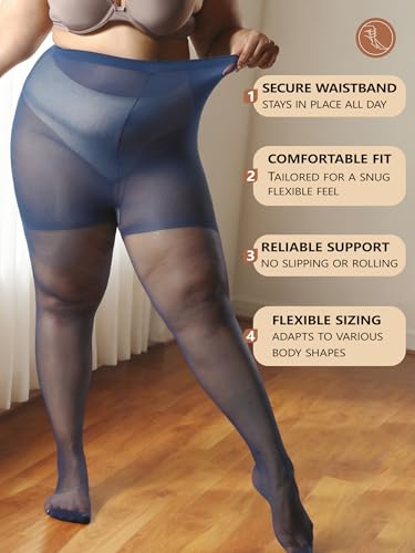 Image of Plus Size Sheer Tights for Women 20D Control Top Pantyhose Soft Stockings with Reinforced Toes 2 Pairs