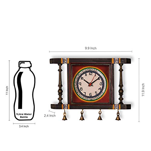 Image of ExclusiveLane Warli Hand-Painted Living Room Bedroom Stylish Decorative Teak Wood Wall Clock (30.2 cm x 6.1 cm x 25.1 cm, Natural Dark Brown and Red), Abstract